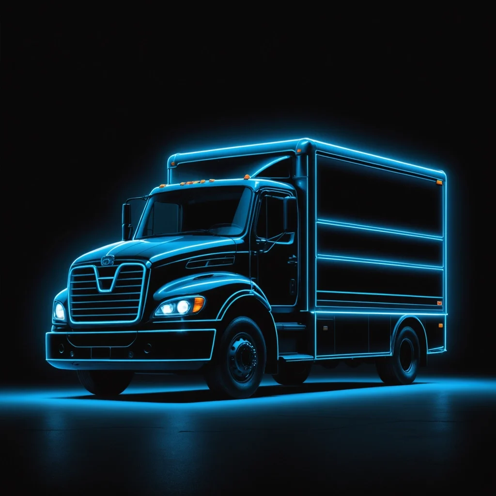 Neon-lit delivery truck on black background