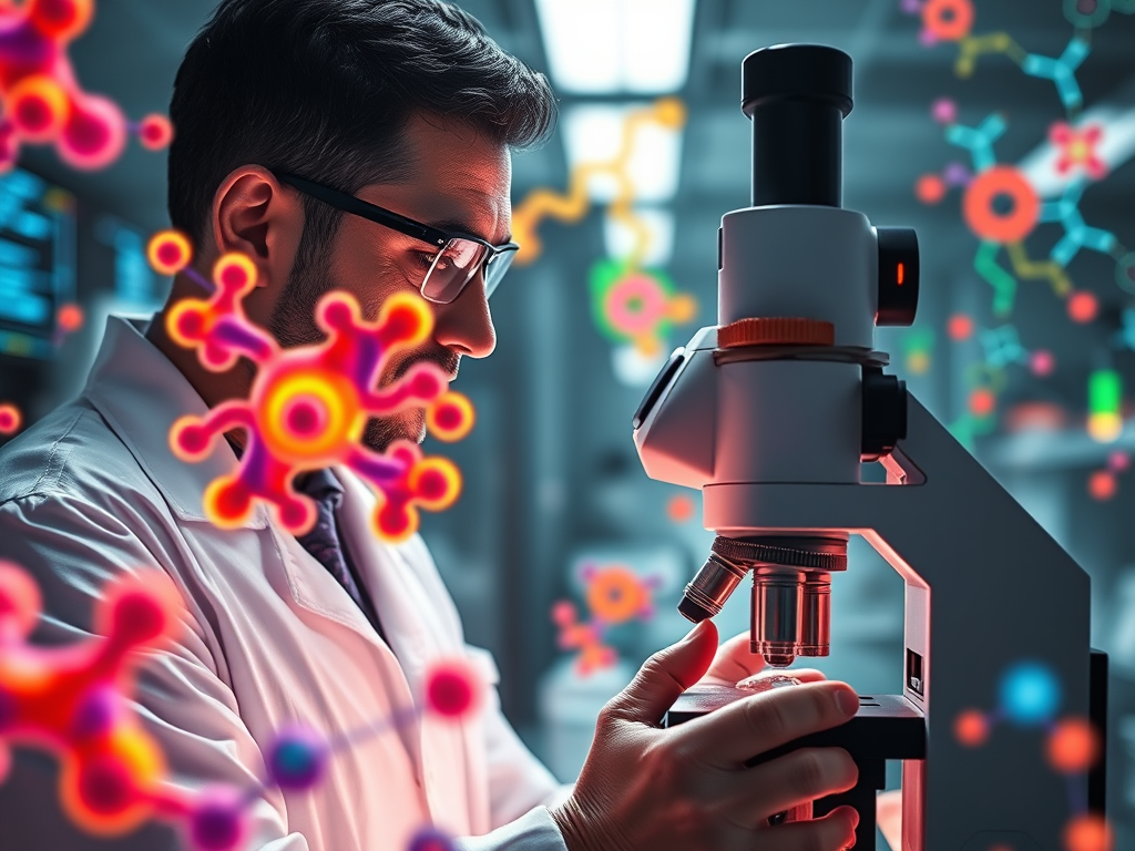Scientist examining samples under microscope.