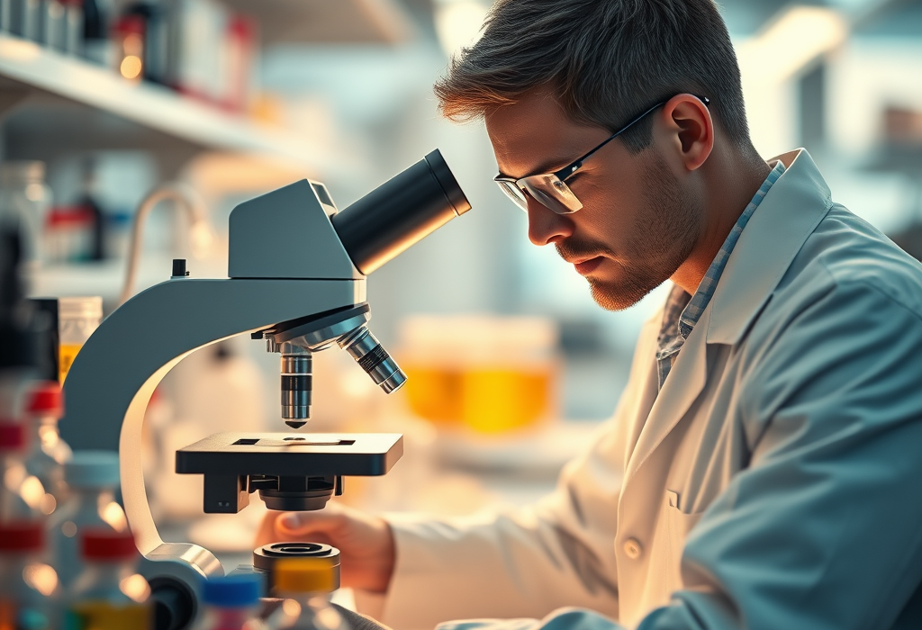Scientist examining samples with microscope.