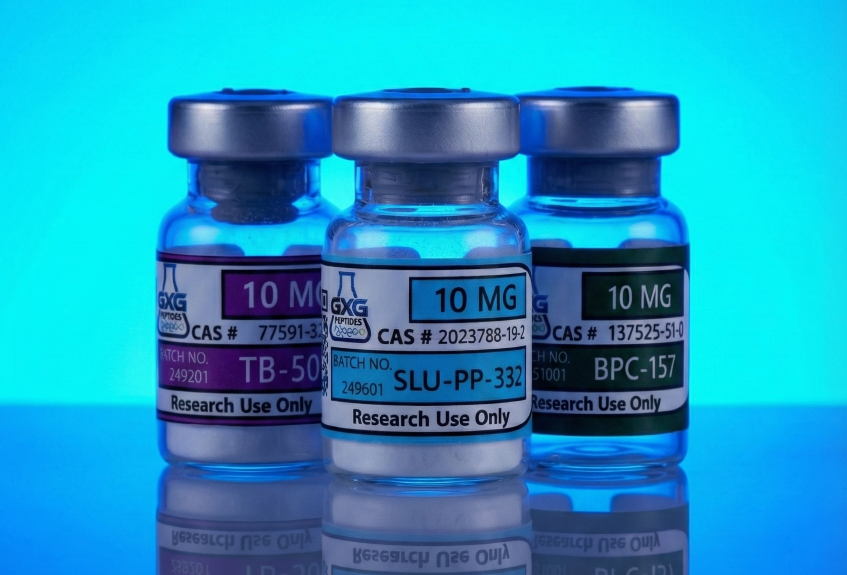 Three labeled vials with liquid